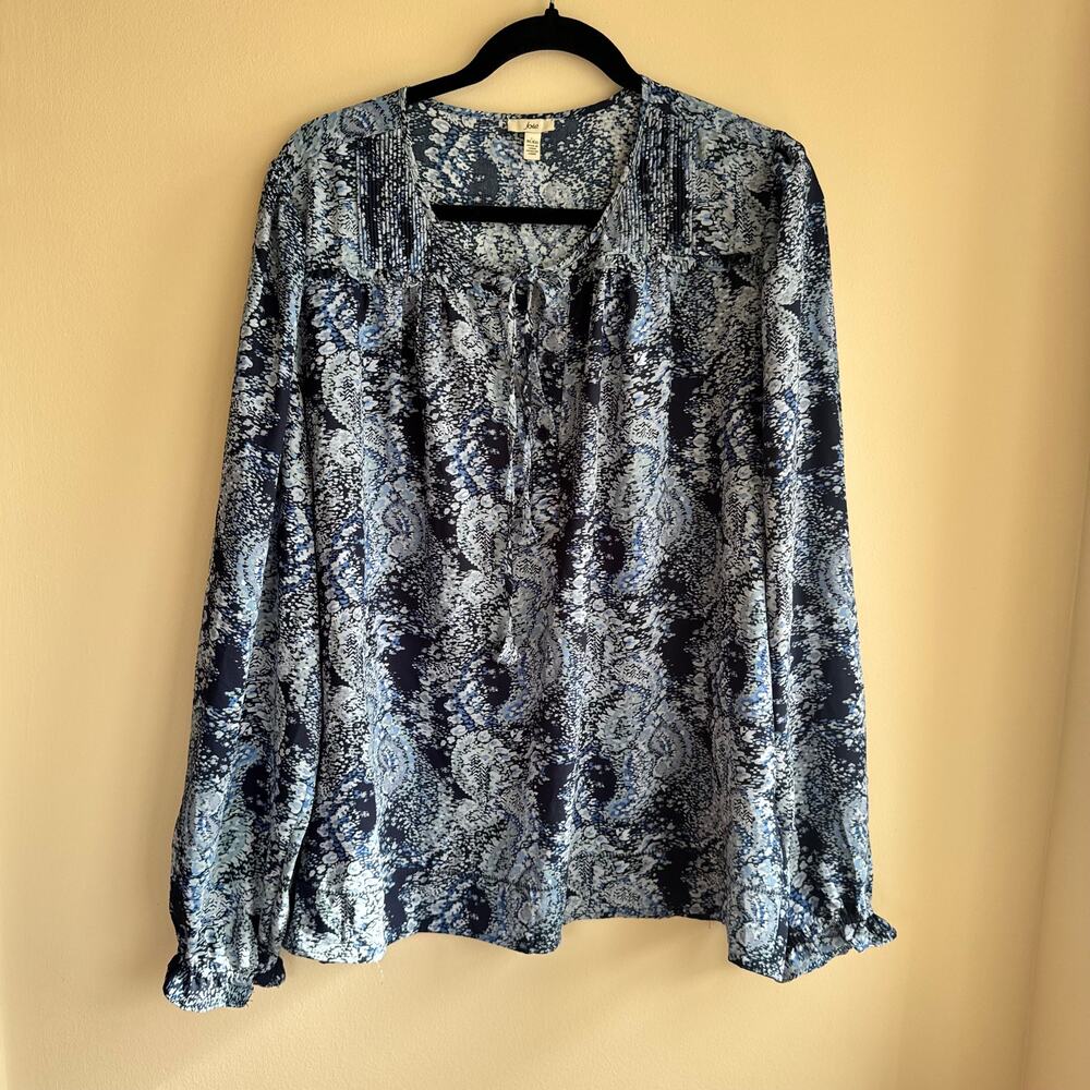 Joie Ruffle Pleated Paisley Top Blue Front Tie Half Button Long Sleeve Sz XL